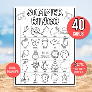 Bingo estivo, 40 carte Bingo estivo, Gioco del Bingo da colorare, Gioco estivo, Attività estiva, Gioco del Bingo estivo per bambini, Bingo per le vacanze estive