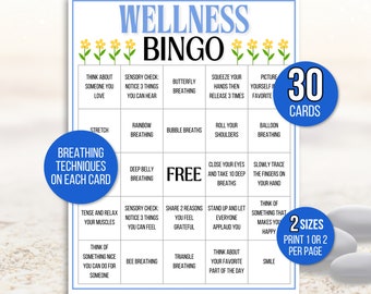 Bingo de bienestar, 30 cartones de bingo de bienestar, Bingo de atención plena, Actividad de atención plena, Juego de atención plena, Actividad de consejería, Juego de consejería