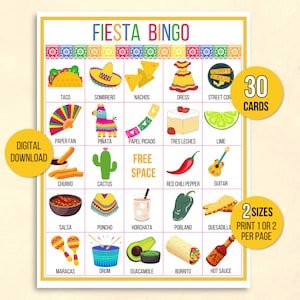 Fiesta Bingo, 30 Printable Fiesta Bingo Cards, Fiesta Activity For Kids, Kids Fiesta Party Game, Cinco De Mayo Classroom Activity for Kids