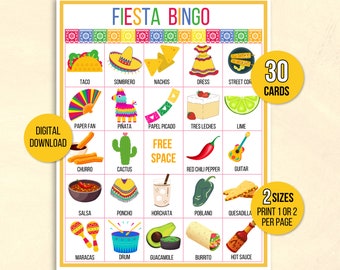 Fiesta Bingo, 30 tarjetas de Bingo Fiesta imprimibles, Actividad de Fiesta para niños, Juego de fiesta para niños, Actividad en el aula del Cinco de Mayo para niños