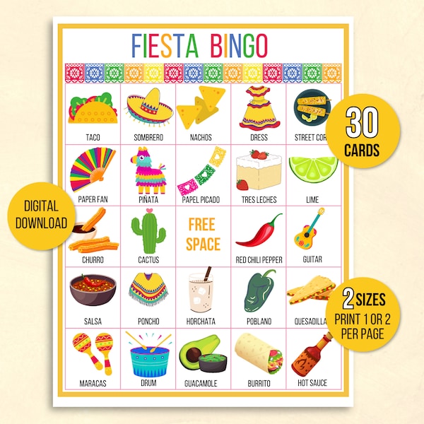 Fiesta Bingo, 30 cartes de bingo Fiesta imprimables, activité Fiesta pour enfants, jeu Fiesta pour enfants, activité scolaire à Cinco de Mayo pour enfants