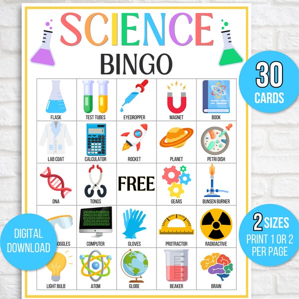 Science Bingo, 30 Printable Science Bingo Cards, Chemistry Bingo, Mad Scientist Bingo, Science Game, Science Activity, Science Printables