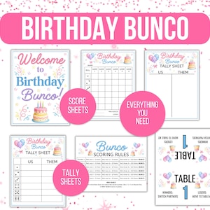 May include: A collection of printable Birthday Bunco game materials. The set includes score sheets, tally sheets, and a rules sheet, all with a pink, blue, and purple color scheme. The words "Birthday Bunco" are prominently displayed.
