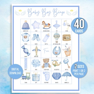 Bingo voor babyjongen, 40 bingokaarten voor babyjongen, afdrukbaar spel babyshower, spel voor babyjongen, spel voor babyjongen, babyshowerbingo, babystrooisel