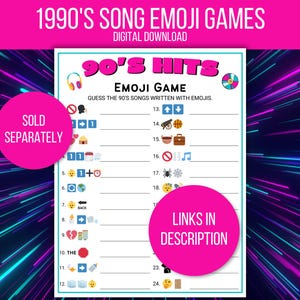 Puede incluir: Un juego de emojis de &eacute;xitos de los 90 imprimible con un fondo blanco y un dise&ntilde;o rosa y azul ne&oacute;n. El juego incluye una lista de emojis para adivinar las canciones de los 90. Tambi&eacute;n se ve el texto "SOLD SEPARATELY" y "LINKS IN DESCRIPTION".