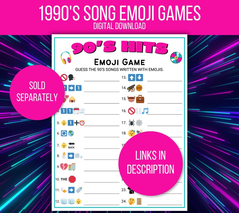 Puede incluir: Un juego de emojis de &eacute;xitos de los 90 imprimible con un fondo blanco y un dise&ntilde;o rosa y azul ne&oacute;n. El juego incluye una lista de emojis para adivinar las canciones de los 90. Tambi&eacute;n se ve el texto "SOLD SEPARATELY" y "LINKS IN DESCRIPTION".