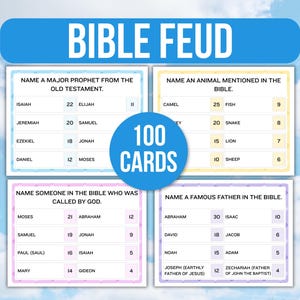 May include: A Bible Feud game with 100 cards, featuring questions about the Bible. The game includes categories like major prophets, animals, people called by God, and famous fathers. The game's title is in a blue banner.