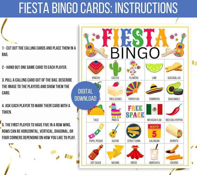 May include: A printable fiesta bingo card game with instructions. The card features images of traditional Mexican food, drinks, and decorations, such as tacos, pinatas, and sombreros. The free space is marked with the words "Free Space".