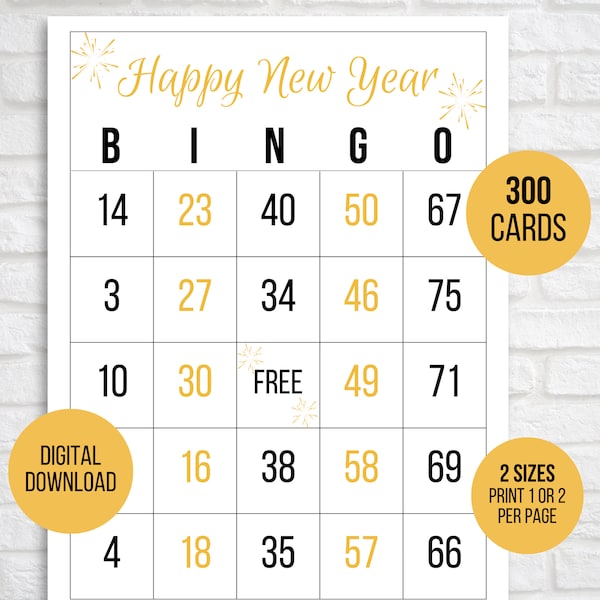 300 New Year's Eve Bingo Cards, 1, 2, or 4 Per Page, New Year's Bingo, New Year's Activity, New Year's Game, Carte Bingo for Kids