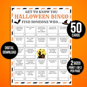 Halloween-kennismakingsbingo, Halloweenbingo, Halloween-spellen, Bingo zoeken, gastbingo zoeken, ijsbrekerbingo, herfstspel