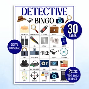 Bingo de detectives, 30 tarjetas de bingo de detectives, bingo de espías, bingo de agentes secretos, juego de fiesta de detectives, actividad de detectives, fiesta temática de espías