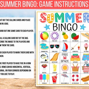 K&ouml;nnte beinhalten: Eine bunte Sommer-Bingo-Spielkarte mit Bildern von sommerlichen Aktivit&auml;ten wie Schwimmen, Sonnenbaden und Eisessen. Die Karte hat ein freies Feld und den Text "Summer Bingo" oben.