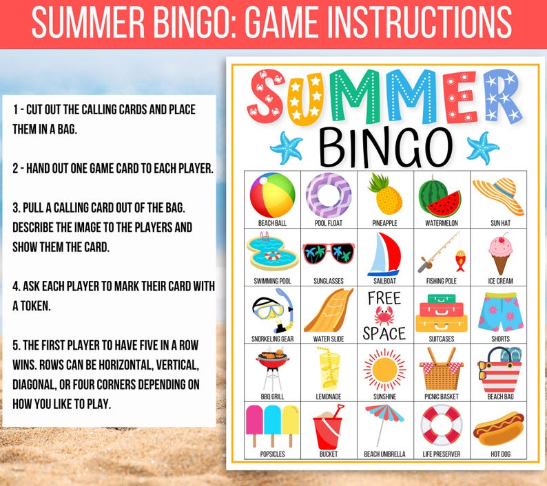 K&ouml;nnte beinhalten: Eine bunte Sommer-Bingo-Spielkarte mit Bildern von sommerlichen Aktivit&auml;ten wie Schwimmen, Sonnenbaden und Eisessen. Die Karte hat ein freies Feld und den Text "Summer Bingo" oben.