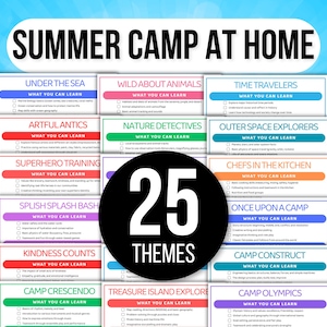 May include: A colorful graphic with the text "SUMMER CAMP AT HOME" at the top. Below are 25 themed activity cards, including "Under the Sea," "Wild About Animals," and "Time Travelers." A large black circle in the center reads "25 THEMES."