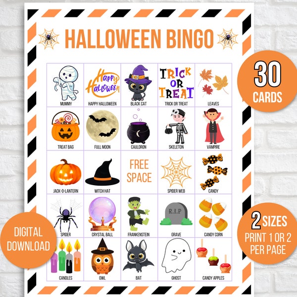 Halloween Bingo, 30 Halloween Bingo Cards, Halloween Activity, Kids Halloween Party Game, Halloween Classroom Activity, Cute Halloween Bingo