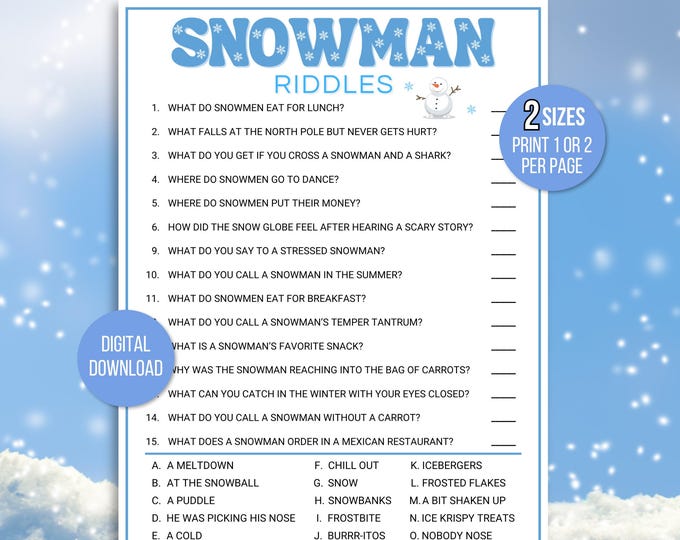 Winter Riddle Worksheet Snowman Riddles, Winter Riddles, Printable Snowman Riddles, Winter ...
