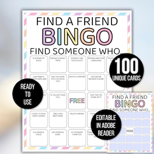 May include: A printable "Find a Friend Bingo" game with a pastel striped border. The game includes the text "Find a Friend Bingo" and "Find Someone Who" with various prompts. Includes 100 unique cards and is ready to use.