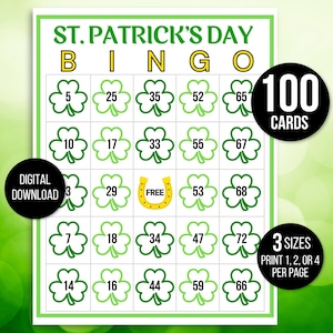 Bingo pour la Saint-Patrick, 100 cartes de bingo pour la Saint-Patrick, activité pour la Saint-Patrick, jeu de société pour la Saint-Patrick, activité pour la Saint-Patrick