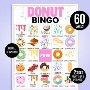 Donut Bingo, 60 Printable Donut Bingo Cards, Donut Birthday, Donut Party Game, Donut Birthday Party, Donut Printable, Donut Games