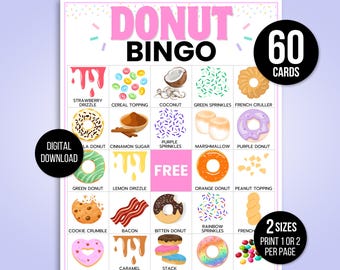 Donut Bingo, 60 Printable Donut Bingo Cards, Donut Birthday, Donut Party Game, Donut Birthday Party, Donut Printable, Donut Games