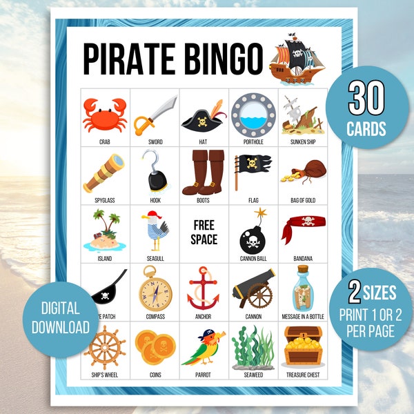 Pirate Bingo, 30 Printable Pirate Bingo Cards, Pirate Birthday, Pirate Party Game, Pirate Birthday Party, Pirate Bingo Game, Pirate Game