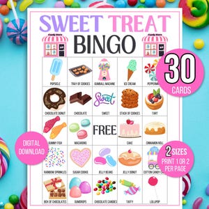 Süße Leckereien Bingo, Candy Bingo, 30 druckbare Candy Bingo Karten, Candy Aktivität, Candy Spiel, Sweet behandelt Geburtstagsparty, Candy Printable