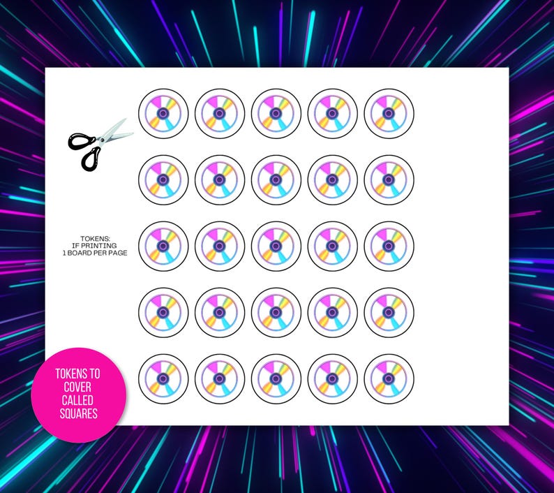 Puede incluir: Una hoja blanca con 24 fichas circulares, cada una con un dise&ntilde;o colorido con un c&iacute;rculo azul central y segmentos de arco&iacute;ris. El texto en la hoja dice "TOKENS IF PRINTING 1 BOARD PER PAGE" y "TOKENS TO COVER CALLED SQUARES". Tambi&eacute;n hay unas tijeras.