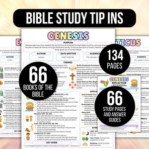 May include: Bible study guide with the title "Bible Study Tip Ins" featuring the book of Genesis. The guide includes 66 books of the Bible, 134 pages, and 66 study pages and answer guides. The pages are white with colorful text.