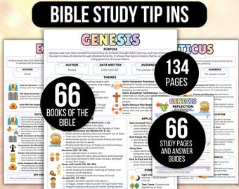 May include: Bible study guide with the title "Bible Study Tip Ins" featuring the book of Genesis. The guide includes 66 books of the Bible, 134 pages, and 66 study pages and answer guides. The pages are white with colorful text.
