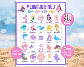 Mermaid Bingo, 30 Unique Printable Mermaid Bingo Cards, Mermaid Game, Mermaid Activity, Kid's Printable Bingo Game, Bingo Game for Kids