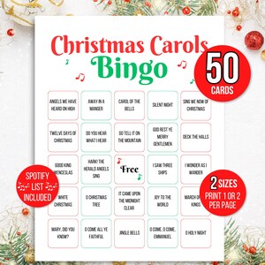 Bingo de villancicos de Navidad, 50 tarjetas de bingo de villancicos imprimibles, bingo de música navideña, bingo de canciones navideñas, juego de fiesta de Navidad