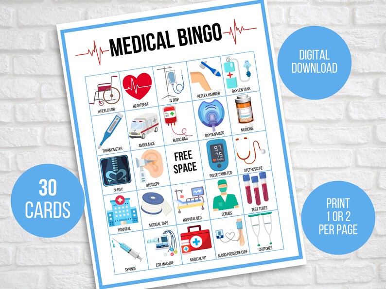 Medical Bingo 30 Printable Medical Bingo Cards Doctor Bingo Etsy