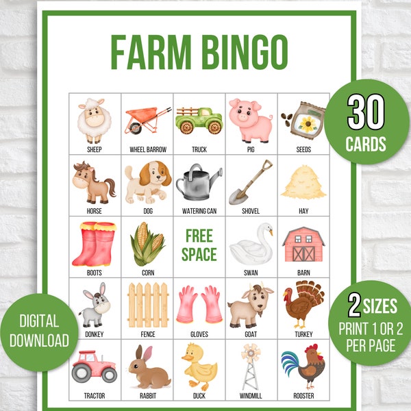 Farm Bingo, 30 Printable Farm Bingo Cards, Barnyard Bingo, Barnyard Game, Farm Party Game, Farm Activity, Farm Birthday Bingo. Farm Game