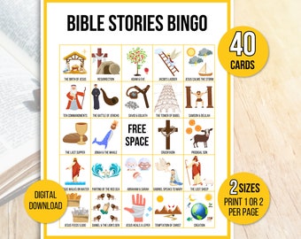 Bibel-Bingo, Bibelgeschichten-Bingo, 40 Bibel-Bingokarten, Bibelaktivität für Kinder, Bibelaktivität, Sonntagsschul-Bingo, Spiel mit Bibelgeschichten