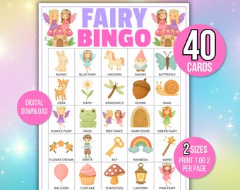 Feen-Bingo, 40 einzigartige druckbare Feen-Bingokarten, Feen-Spiel, Feen-Aktivität, Kinderdruckbares Feen-Bingo-Spiel, Feen-Bingo-Spiel für Kinder