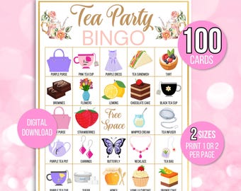 Tea Party Bingo, 100 Unique Printable Tea Party Bingo Cards, Tea Party Game, Tea Party Activity, Birthday or Bridal Shower Bingo, Tea Game