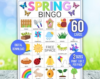 Bingo di primavera, 60 cartelle stampabili per il bingo di primavera, gioco di festa di primavera, attività di primavera, gioco di primavera, gioco di primavera, bingo di Pasqua, gioco di Pasqua