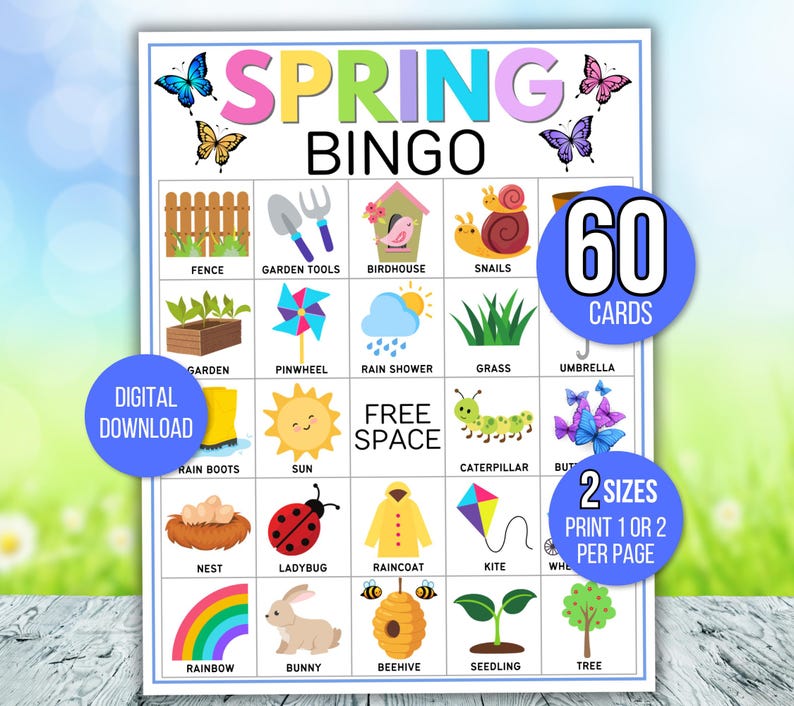 Spring Bingo, 60 Printable Spring Bingo Cards, Spring Party Game, Spring Activity, Spring Game, Springtime Game, Easter Bingo, Easter Game