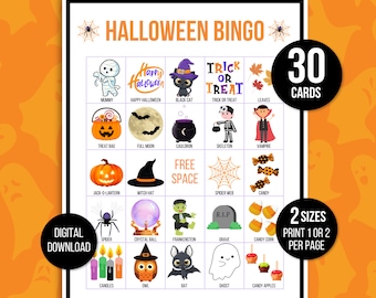 May include: A printable Halloween Bingo card set with 30 cards, featuring various Halloween icons such as a mummy, a black cat, a witch hat, a spider web, a ghost, and a jack-o-lantern. The cards are designed to be printed in two sizes, either one or two cards per page.