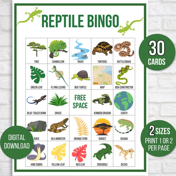 Bingo pour reptiles, 30 cartes de bingo à imprimer pour reptiles, jeu de société pour reptiles, Bingo d'anniversaire de reptiles, Anniversaire de reptiles, Bingo de la jungle, Jeu de la jungle