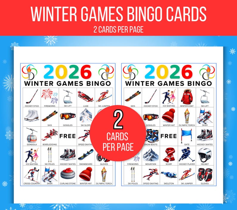 Winter Games Bingo, 50 Winter Games Bingo Cards, Winter Games, Winter Games Activity, Kid's Printable Bingo, Kids Winter Games, Sports Bingo