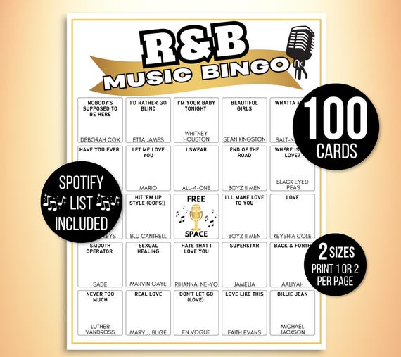 R & B Bingo, Rhythm and Blues Song Bingo, Blues Music Bingo, 100 Printable Music Bingo Cards, R and B Game, R and B Spotify List, Bingo Game