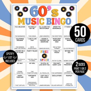 Bingo de los años 60, Bingo de canciones de los años 60, Bingo musical de los años 60, Bingo retro de los años 60, 50 tarjetas de bingo imprimibles de los años 60, Juego de los años 60, Actividad de los años 60, Bingo de listas de Spotify de los años 60