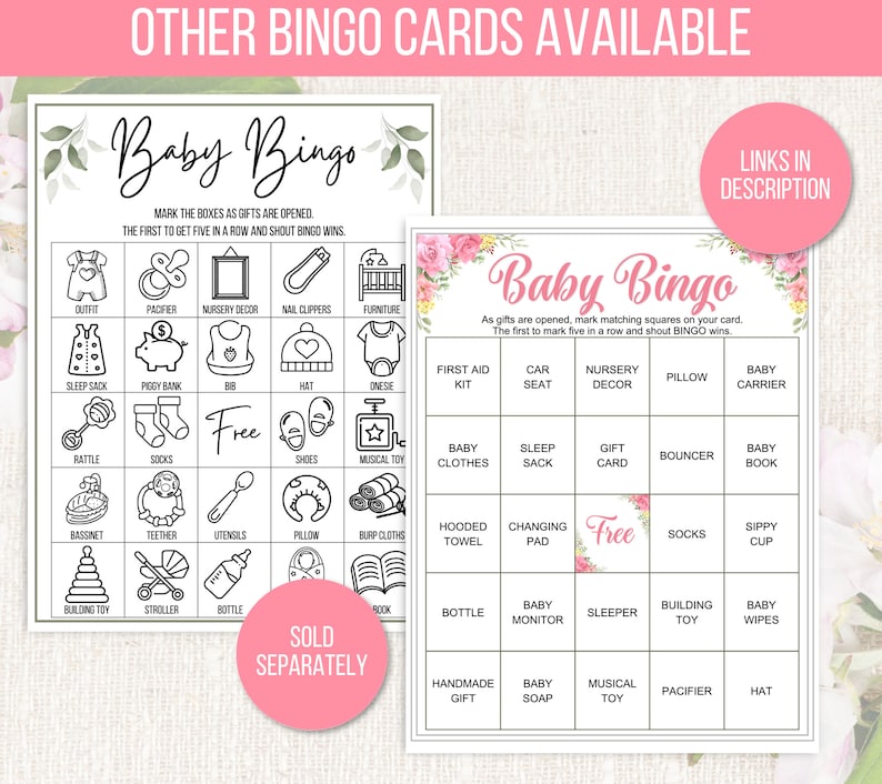 K&ouml;nnte beinhalten: Zwei druckbare Babyparty-Bingo-Karten mit floralem Design. Die Karten zeigen ein Raster mit verschiedenen Babyartikeln, wie z. B. Rassel, Flasche, Schnuller und Babyphone. Der Text "Baby Bingo" ist oben auf jeder Karte gedruckt.