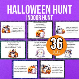 Búsqueda del tesoro de Halloween en interiores, búsqueda del tesoro de Halloween en interiores, 36 pistas de búsqueda del tesoro de Halloween, pistas de búsqueda del tesoro para niños, juegos de Halloween