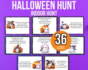 May include: A Halloween-themed indoor hunt game with illustrated clues. The game features cards with riddles and illustrations of ghosts, pumpkins, witches, and bats. The central element is a circle with the number "36" and the word "CLUES".