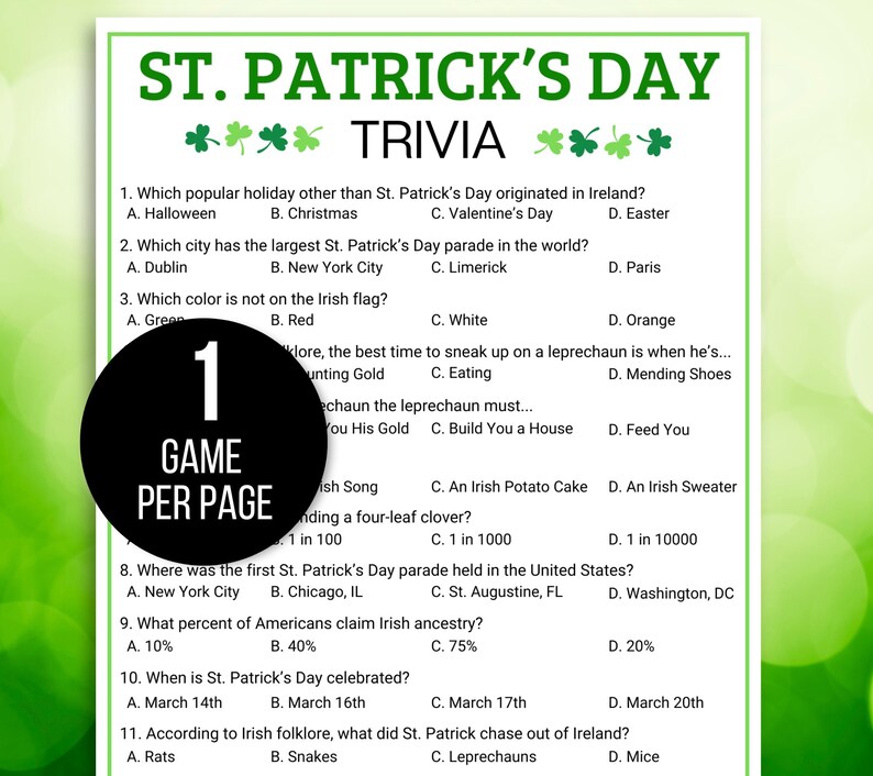 St. Patrick's Day Trivia Game, St. Patrick's Day Game, St. Patrick's Trivia Game, St. Patrick's Day Party Game, St Patrick's Fact or Fiction