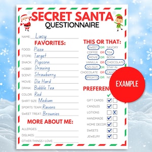 Secret Santa Questionnaire Printable Secret Santa Questions Gift Secret Santa Questionnaire Printable Secret Santa Questions Gift