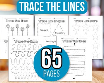 May include: A set of 65 printable worksheets for kids to practice tracing lines and shapes. The worksheets feature various designs, including stars, swirls, and geometric shapes.  The title "Trace the Lines" is displayed in large, bold letters at the top of the image.