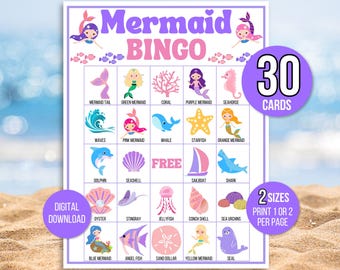 Mermaid Bingo, 30 Unique Printable Mermaid Bingo Cards, Mermaid Game, Mermaid Activity, Kid's Printable Bingo Game, Bingo Game for Kids